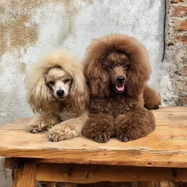 Dos caniches de Dracarys Poodles, uno crema y otro marrón, tumbados juntos sobre una mesa de madera rústica